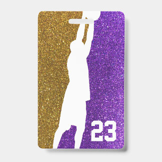 Paars en gouden glinsterend basketbalteamshirt badge