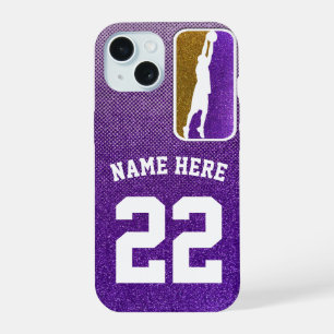 Paars en gouden glinsterend basketbalteamshirt iPhone 15 case