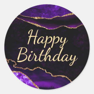 Paars en gouden glitter agaat gelukkige verjaardag ronde sticker