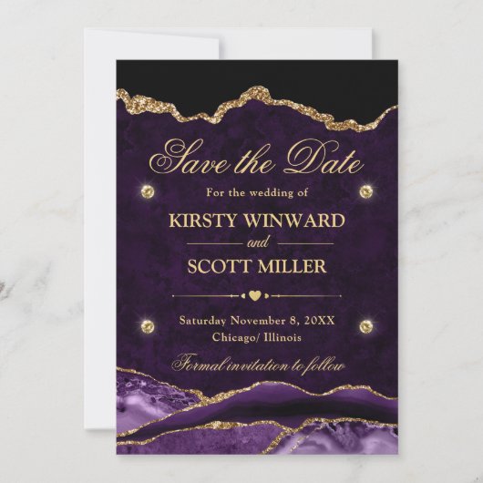 Paars en Gouden Glitter Marmer Agate Bewaar de Dat Save The Date (Voorkant)