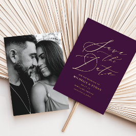 Paars en Gouden Kalligrafie Foto Save the Date Folie Uitnodiging