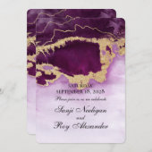 Paars en gouden moderne schildering trouwuitnodigi kaart (Voorkant / Achterkant)