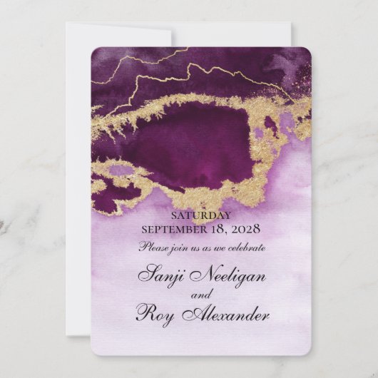 Paars en gouden moderne schildering trouwuitnodigi kaart (Voorkant)
