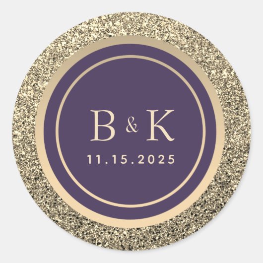 Paars en Gouden Monogram Bruiloft Ronde Sticker (Voorkant)
