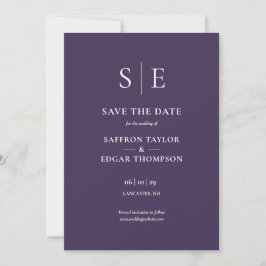 Paars en gouden monogram foto trouwkaart save the date