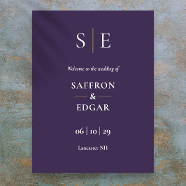 Paars en gouden monogram huwelijks welkomstbord poster