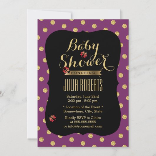 Paars en gouden Stippen Ladybugs-Baby shower Kaart (Voorkant)