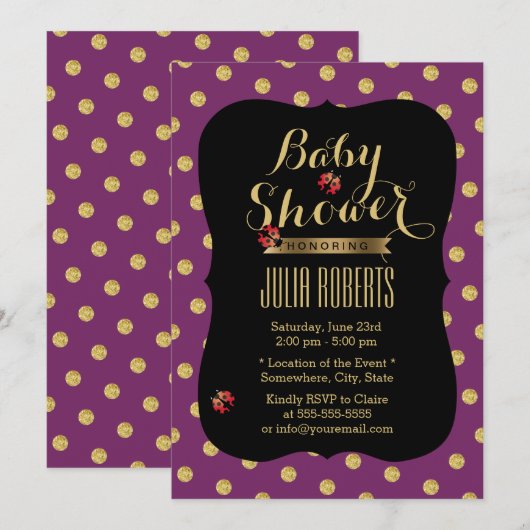 Paars en gouden Stippen Ladybugs-Baby shower Kaart (Voorkant / Achterkant)