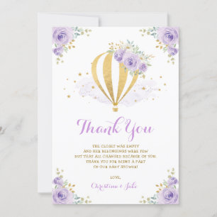 Paars en goudflens, luchtballonvaardig Baby shower Bedankkaart