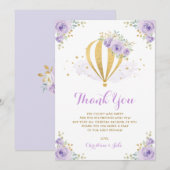 Paars en goudflens, luchtballonvaardig Baby shower Bedankkaart (Voorkant / Achterkant)