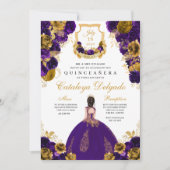 Paars en goudflora Elegant Quinceañera Kaart (Voorkant)