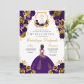 Paars en goudflora Elegant Quinceañera Kaart (Staand voorkant)