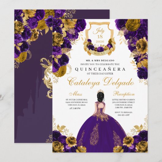 Paars en goudflora Elegant Quinceañera Kaart (Voorkant / Achterkant)