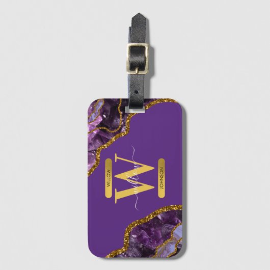 Paars en goudgetijden Glitter Monogram Bagagelabel (Voorkant (verticaal))