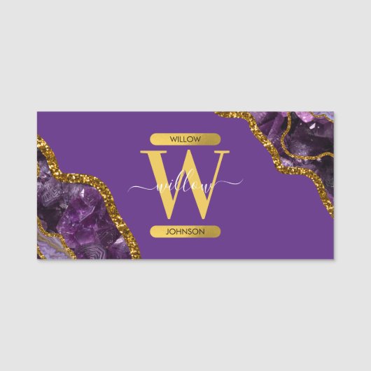 Paars en goudgetijden Glitter Monogram Naamplaatje (Voorkant)