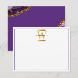 Paars en goudgetijden Glitter Monogram Notitiekaartje