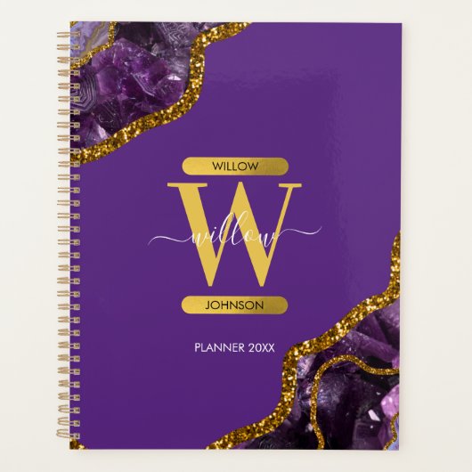 Paars en goudgetijden Glitter Monogram Planner (Voorkant)