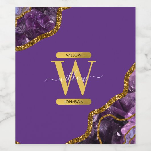 Paars en goudgetijden Glitter Monogram Wijn Etiket (Enkel label)