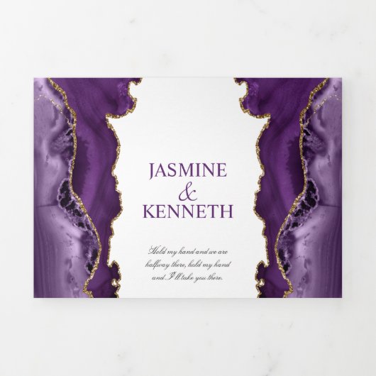Paars en goudgeweer op witte bruiloft drieluik uitnodiging (Cover)