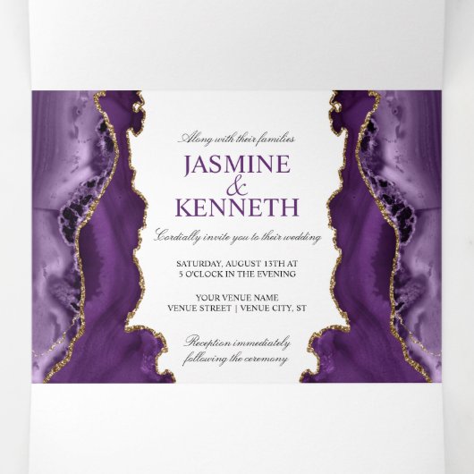 Paars en goudgeweer op witte bruiloft drieluik uitnodiging (Binnenkant midden)