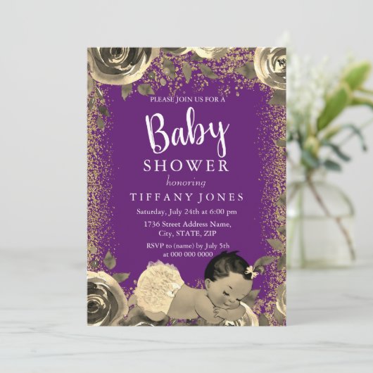 Paars en goudglitter-Baby shower uitnodigen Kaart (Staand voorkant)