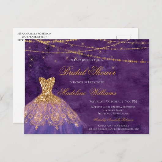 Paars en goudglitter elegant Vrijgezellenfeest Uitnodiging Briefkaart (Voorkant / Achterkant)