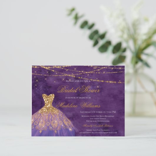 Paars en goudglitter elegant Vrijgezellenfeest Uitnodiging Briefkaart (Staand voorkant)