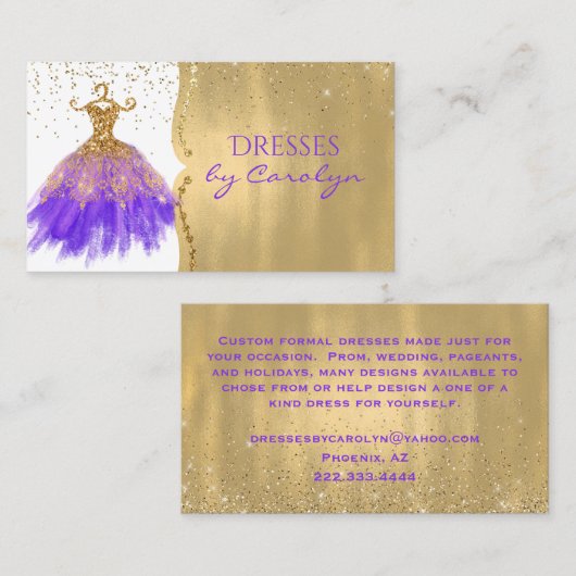 Paars en goudglitterig Visitekaartje met naaddruk (Voorkant / Achterkant)