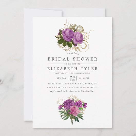 Paars en goudkleurig  Chic Floral Vrijgezellenfees Kaart (Voorkant)