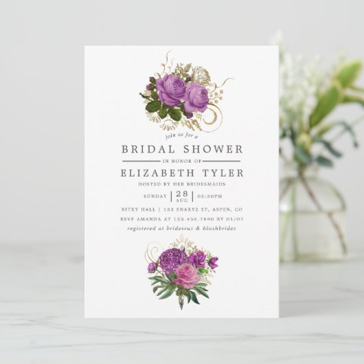 Paars en goudkleurig  Chic Floral Vrijgezellenfees Kaart (Staand voorkant)