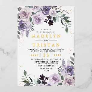 Paars en goudpuin Roos Folie Uitnodiging