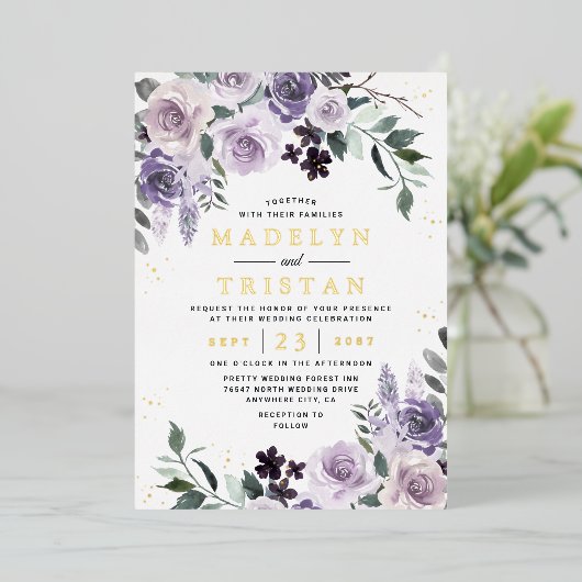 Paars en goudpuin Roos Folie Uitnodiging (Staand Voorkant)