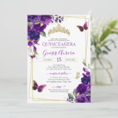 Paars en goudvlinder Floral Quinceanera Kaart (Staand voorkant)