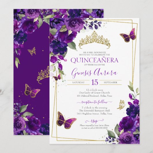 Paars en goudvlinder Floral Quinceanera Kaart (Voorkant / Achterkant)