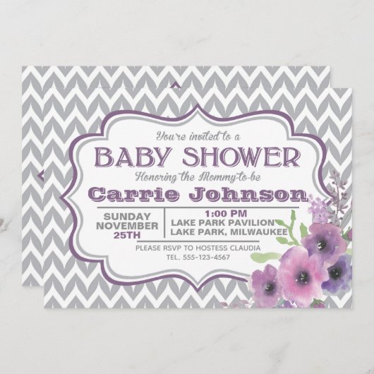 Paars en grijs Baby shower Kaart (Voorkant / Achterkant)