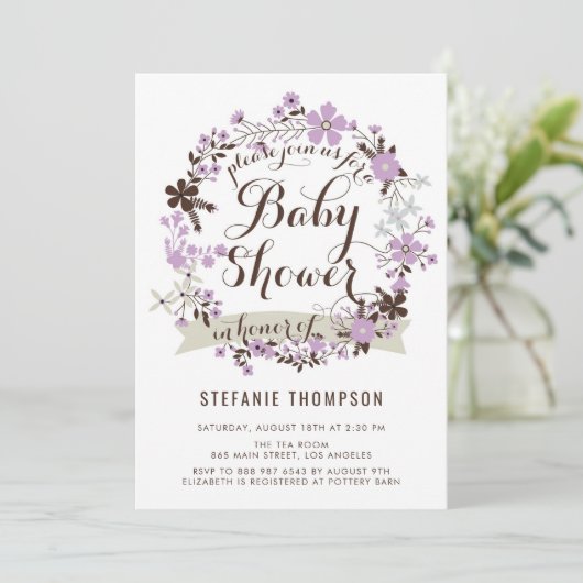 Paars en grijs Baby shower met schoorsteen Kaart (Staand voorkant)