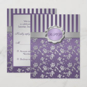 Paars en grijs bloemig gestreepte RSVP kaart (Voorkant / Achterkant)