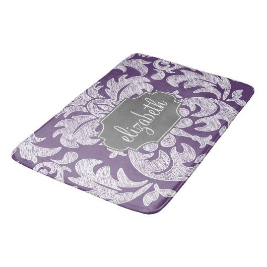 Paars en grijs  Damask Patroonmonogram Badmat (Gekanteld)