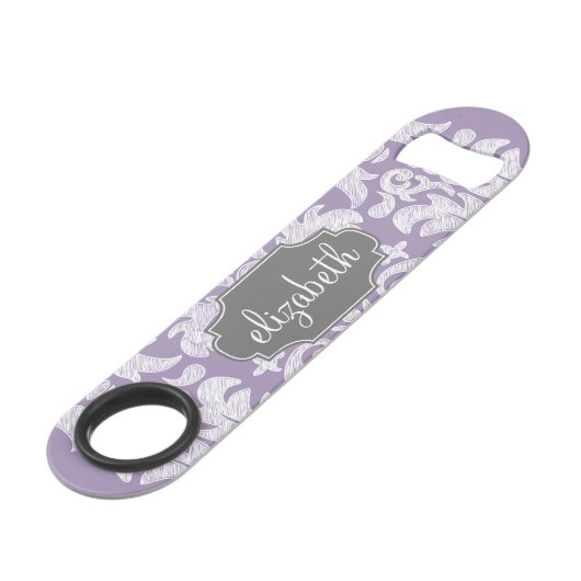 Paars en grijs Damask Patroonmonogram Speed Flessenopener (Voorkant Gekanteld)