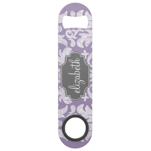 Paars en grijs Damask Patroonmonogram Speed Flessenopener (Voorkant)