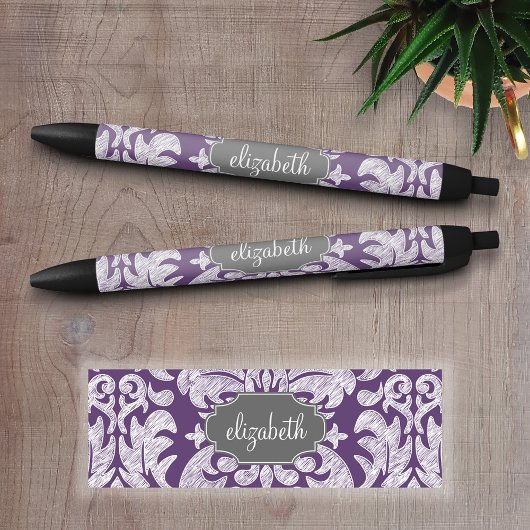 Paars en grijs Damask Patroonmonogram Zwarte Inkt Pen