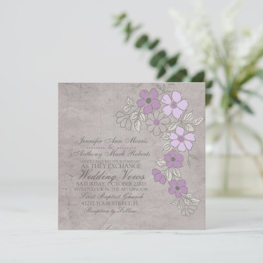  Paars en grijs Floral Weddenschap Kaart (Staand voorkant)