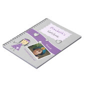 Paars en grijs met harten een naam en foto notitieboek (Linkerzijde)