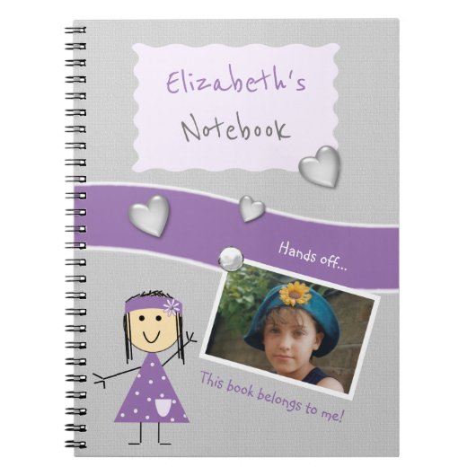 Paars en grijs met harten een naam en foto notitieboek (Voorkant)