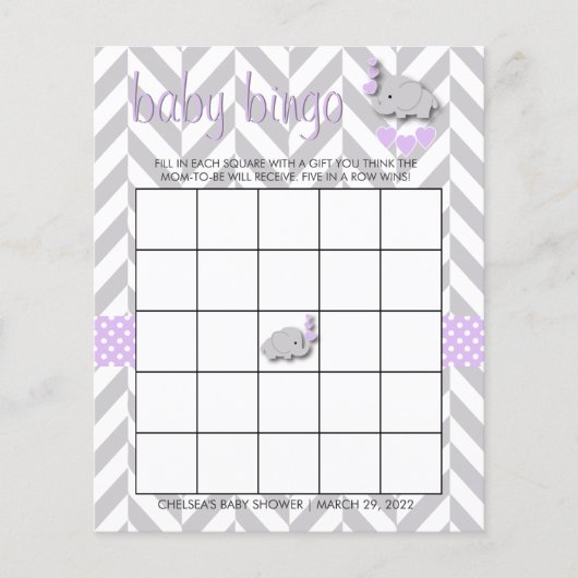 Paars en grijs olifant Baby shower - Bingo Flyer (Voorkant)