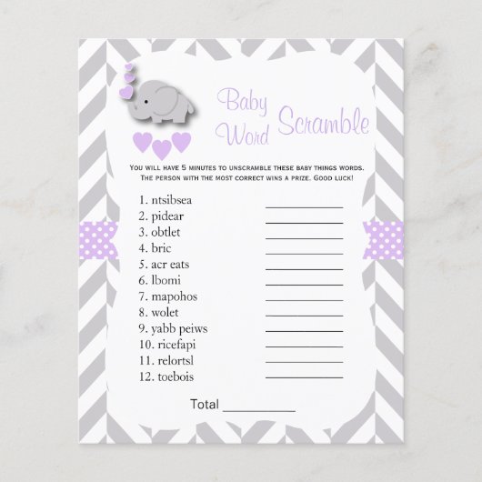 Paars en grijs olifant Baby shower - Scramble Flyer (Voorkant)