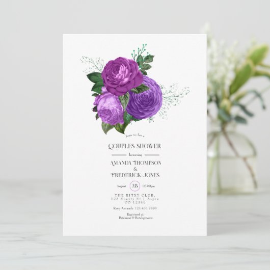 Paars en groen bloemig uitnodigingskaart voor kopp kaart (Staand voorkant)