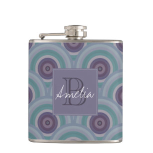 Paars en groen retro cirkelpatroon monogram heupfles