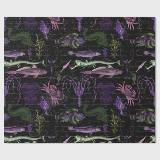 Paars en groen Zee Scheppen op zwart Cadeaupapier (Vlak)