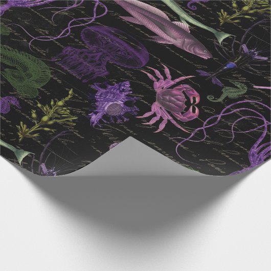 Paars en groen Zee Scheppen op zwart Cadeaupapier (Hoek)